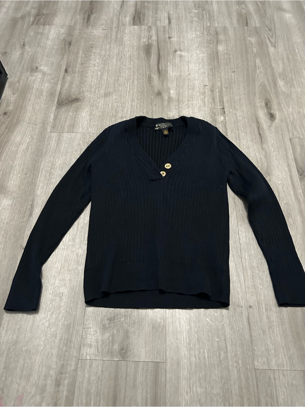 Women Black Ribbed V-Neck Sweater Ralph Lauren with Button Detail